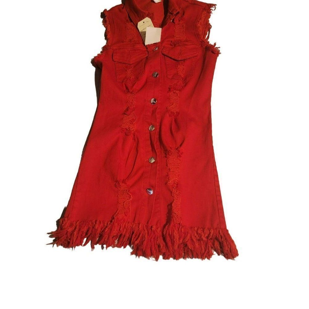 Aroma  Womens Red Sleeveless Pockets Button Fringe Jeans Vest Dress Size Small